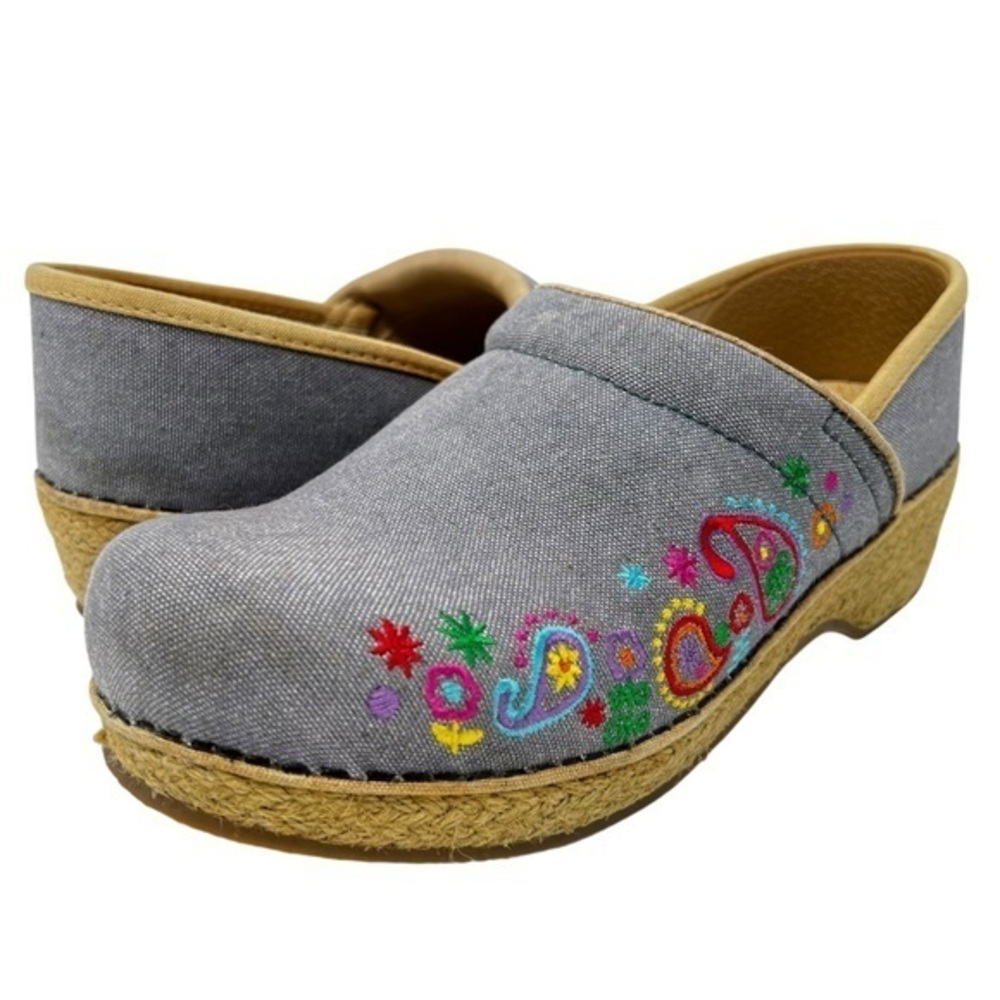 Dansko Gray Mules with Colorful Embroidery